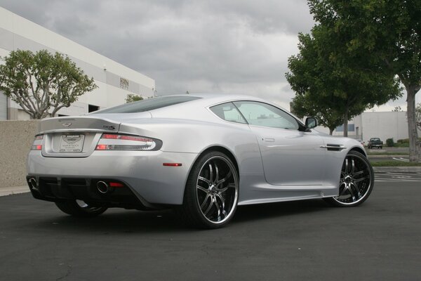 Aston martin argenteo vicino agli alberi