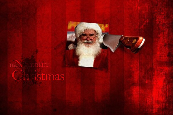 Foto di Babbo Natale sul muro, coltello, sfondo rosso