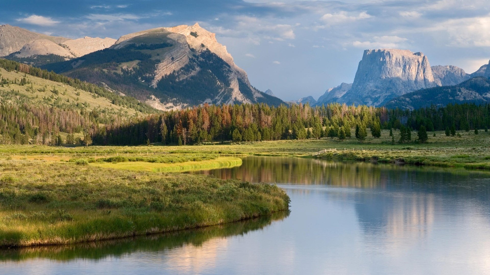 belle montagne piantagione di alberi di natale acqua pulita montagne fiumi fiume riva natura paesaggio erba prato valle calma silenzio grazia collina
