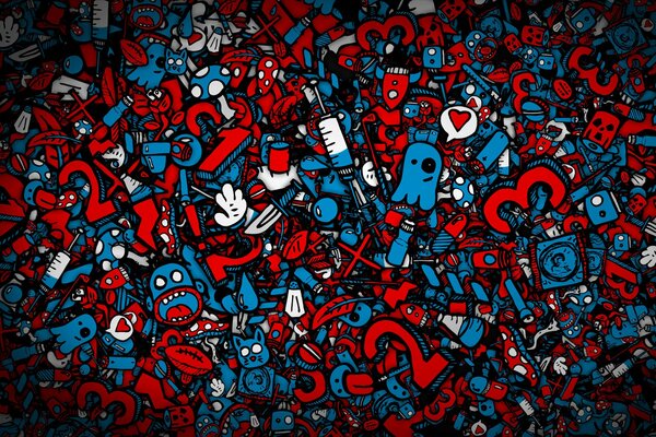 Sfondo rosso e blu di vari oggetti, lettere, trame