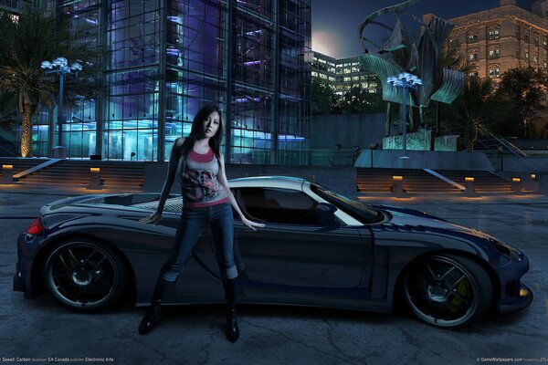 Ragazza vicino alla macchina dal video gioco