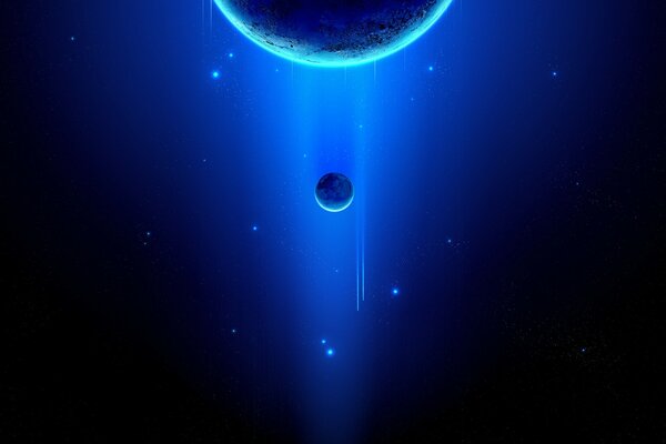Il pianeta e il suo compagno circondati da stelle nello spazio oscuro
