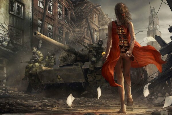 Ragazza in abito rosso in guerra