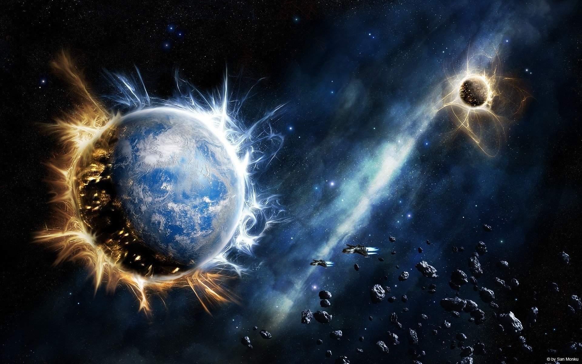 pianeta fiamme rocce universo galassia spazio esterno stelle nebulosa