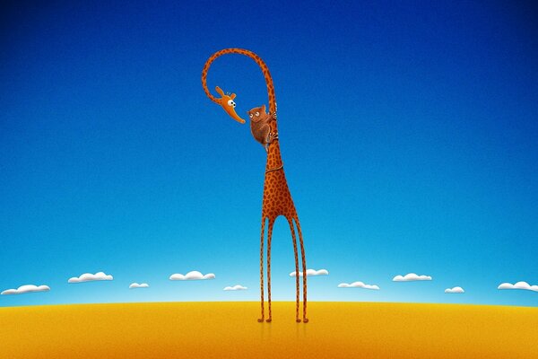 Disegno di una giraffa sorpresa con un lemure sul collo