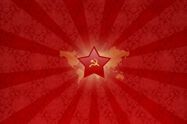 Simbolismo dell URSS falce e martello sullo sfondo di una stella rossa. Contorni della mappa DELL URSS con Stella Rossa falce e martello