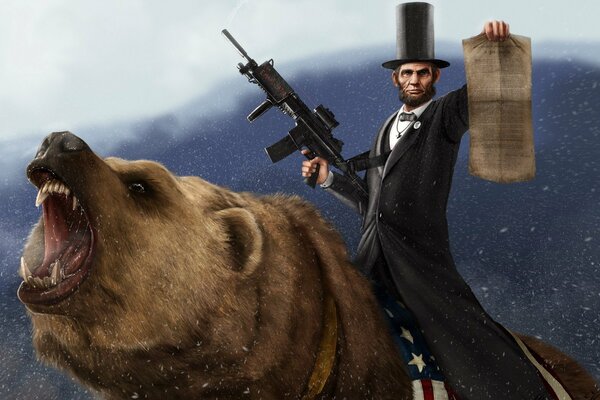 Abraham Lincoln a cavallo di un orso bruno