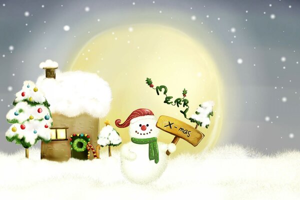 Pupazzo di neve vicino alla casa con congratulazioni festive