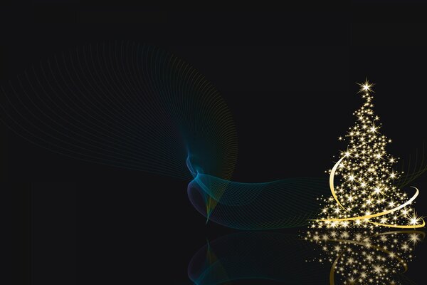 Albero di Natale con luci con stella su sfondo scuro con riflessi