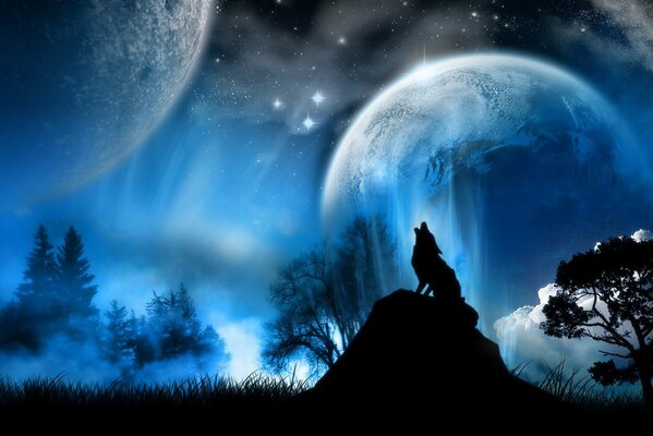 Sagoma di un lupo Ululante sullo sfondo di una luna fantastica