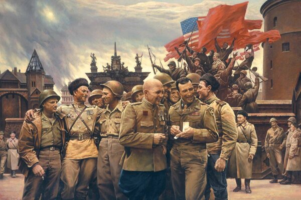 I soldati statunitensi e sovietici si rallegrano della vittoria
