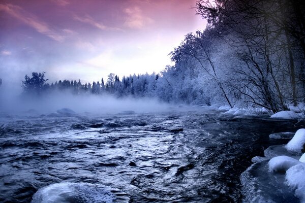 Paesaggio invernale. fiume e foresta innevata