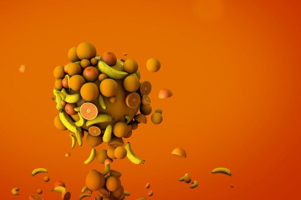 Mix di arance e banane su sfondo arancione