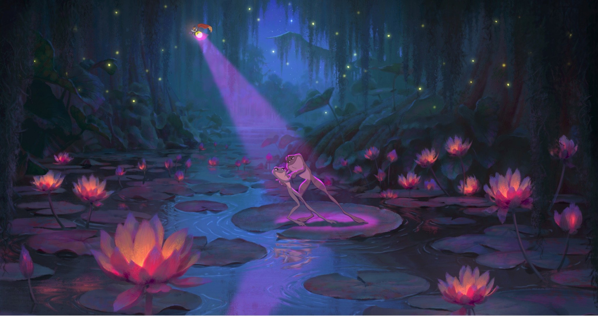 notte principessa e rana cartone animato disney lucciole raggi loto fari