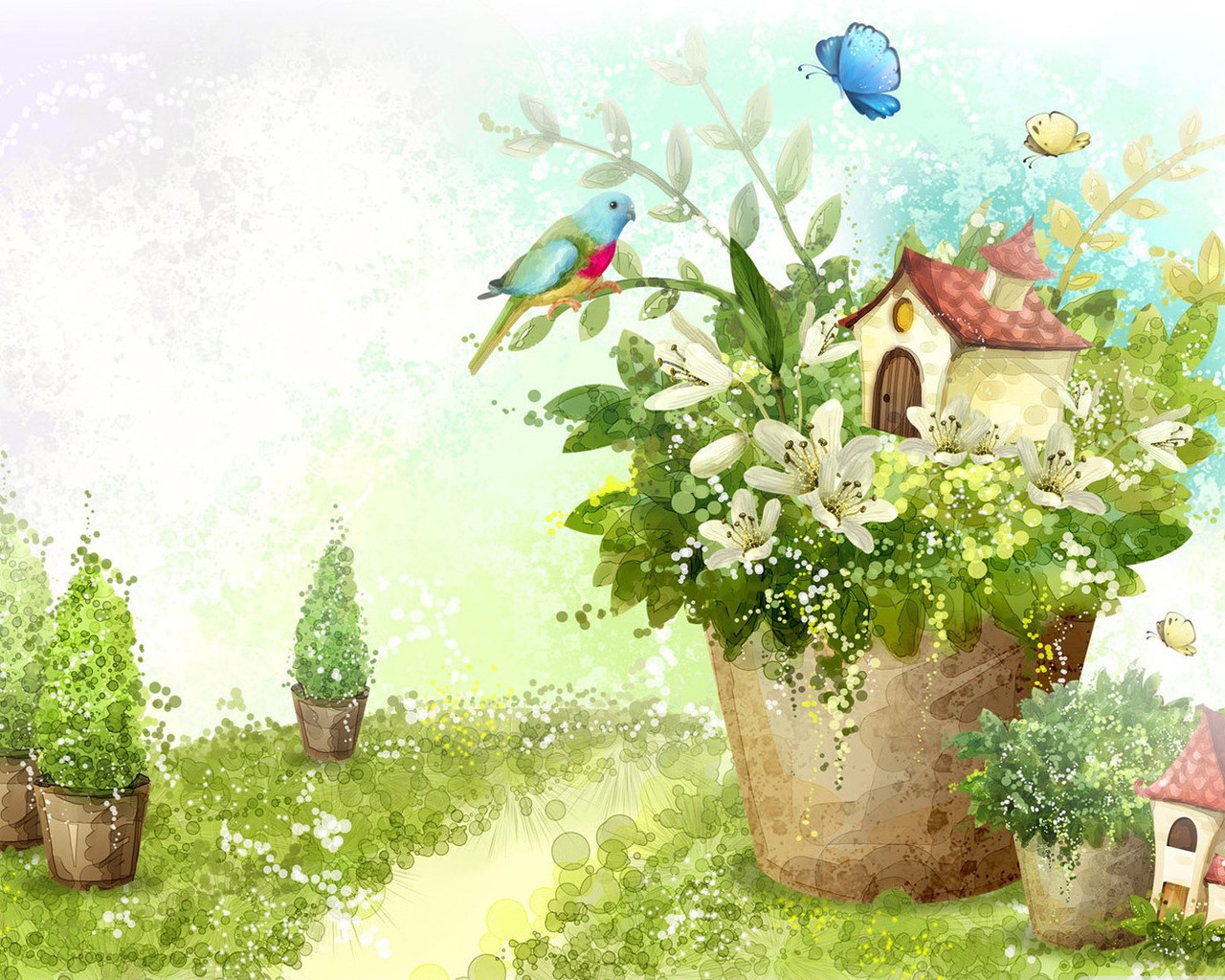 disegnato a mano carta da parati natura fiori casa uccello