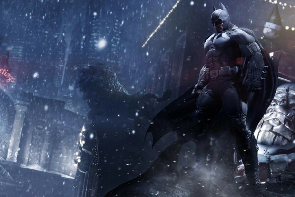 Batman sullo sfondo di un paesaggio urbano