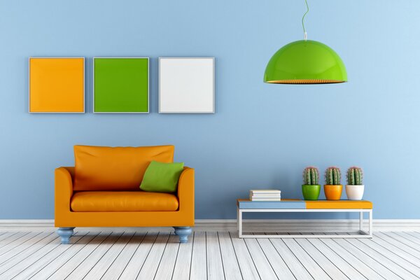 Design del soggiorno in arancione, verde e bianco