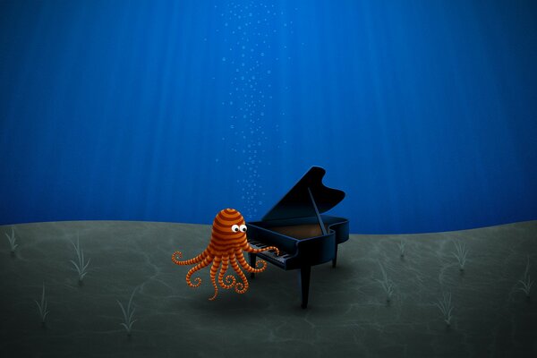 Nella foto, un polpo suona un pianoforte a coda sul fondo di un mare blu