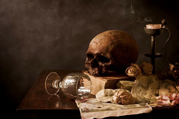 Natura morta con bicchiere di vino, candela e teschio
