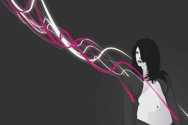 Arte con ragazza e linee rosa brillanti