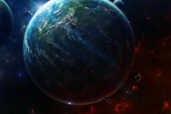 Pianeta Terra. Futuro. Asteroidi. Spazzatura spaziale. Satelliti. Pianeta verde. Astronave. Luna