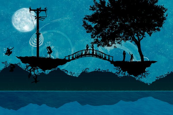 Persone sul ponte con gli alberi