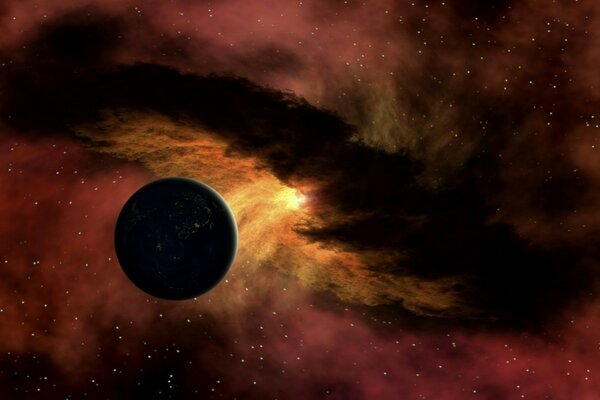 Pianeta nero nello spazio e luce incidente