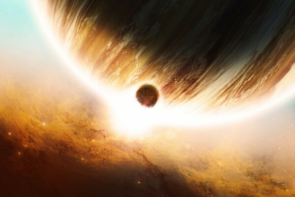 Giove con un satellite sullo sfondo di una nebulosa luminosa
