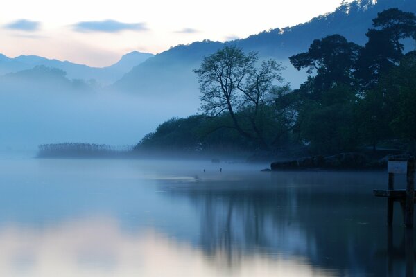 Nebbia mattutina su un bellissimo lago
