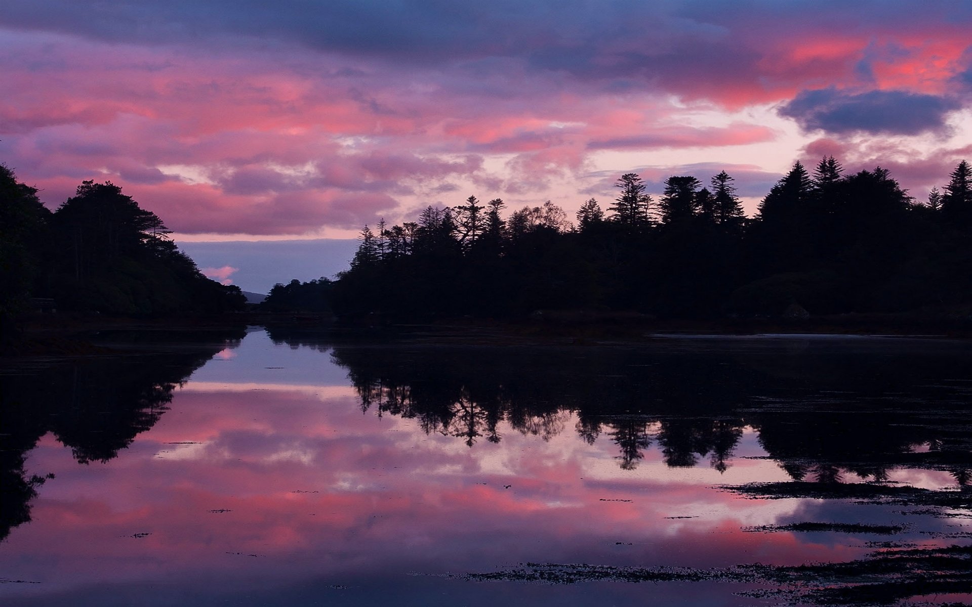 irlanda lago riva foresta alberi sera tramonto cielo nuvole riflessione