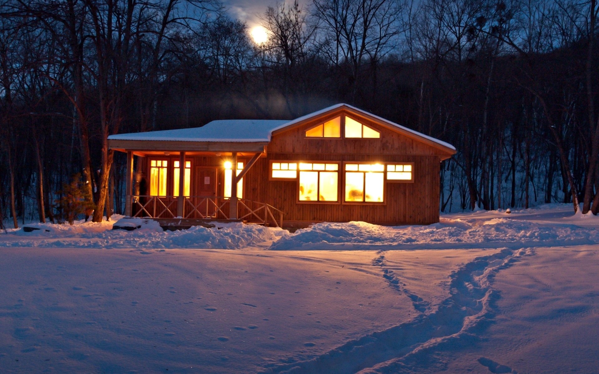 natura inverno neve casa casa luce impronte alberi sera cielo inverno sfondo carta da parati widescreen schermo intero widescreen widescreen