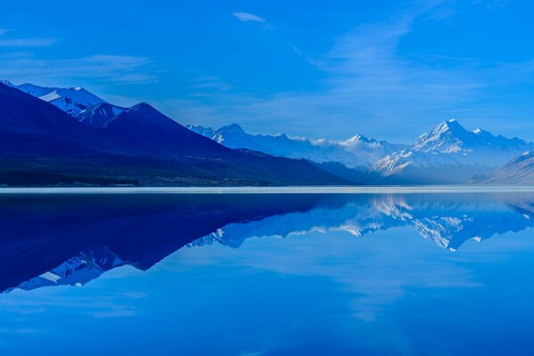 Riflesso delle montagne e del cielo nel lago Pukaki