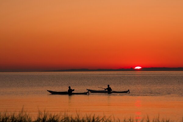 Barche sullo sfondo del tramonto, canne