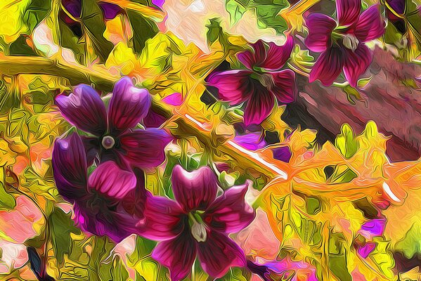 Fiori rosa luminosi su uno sfondo di vegetazione fitta