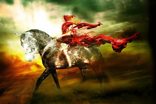Cavaliere in abito rosso su un cavallo