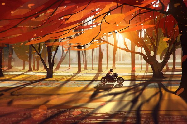 Disegno motociclista cavalca attraverso la foresta d autunno