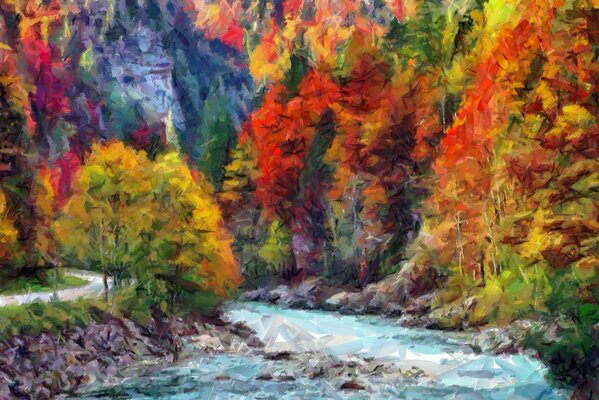 Alberi dipinti con variegati colori autunnali e acqua gorgogliante