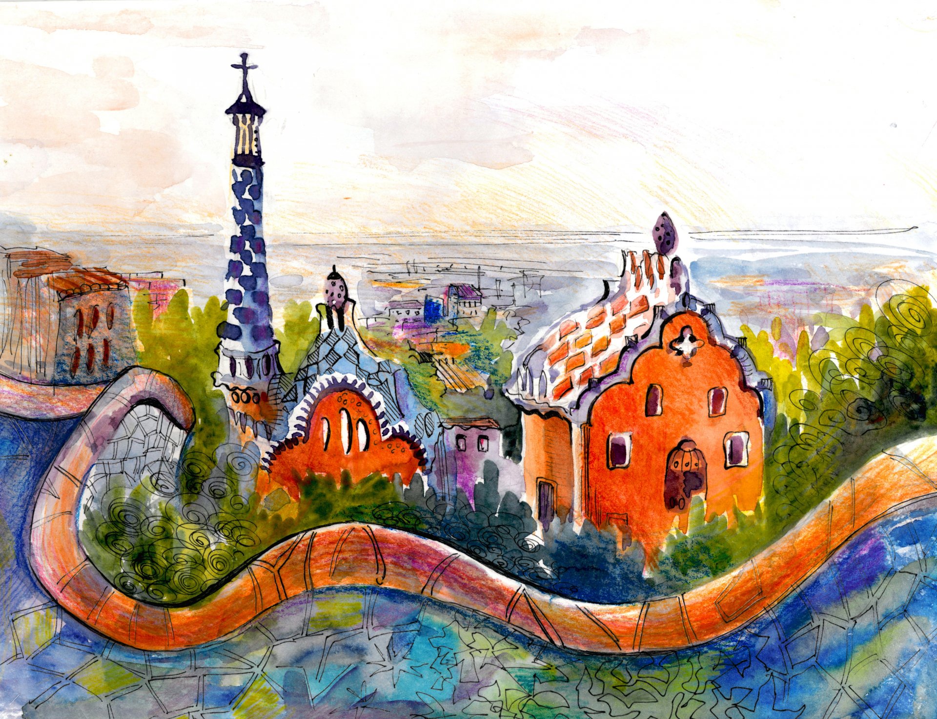 disegno ad acquerello case tetti città