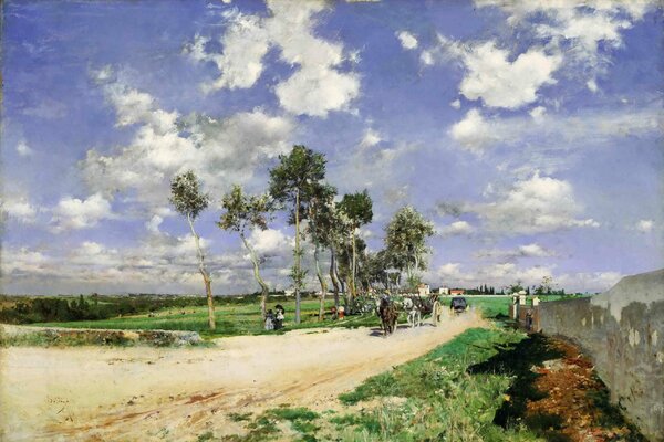 Dipinto di Giovanni Boldini. I cavalli camminano lungo la strada di campagna