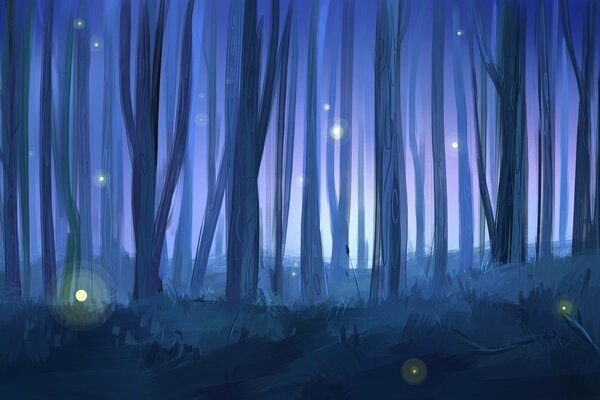 Arte della foresta oscura con lucciole