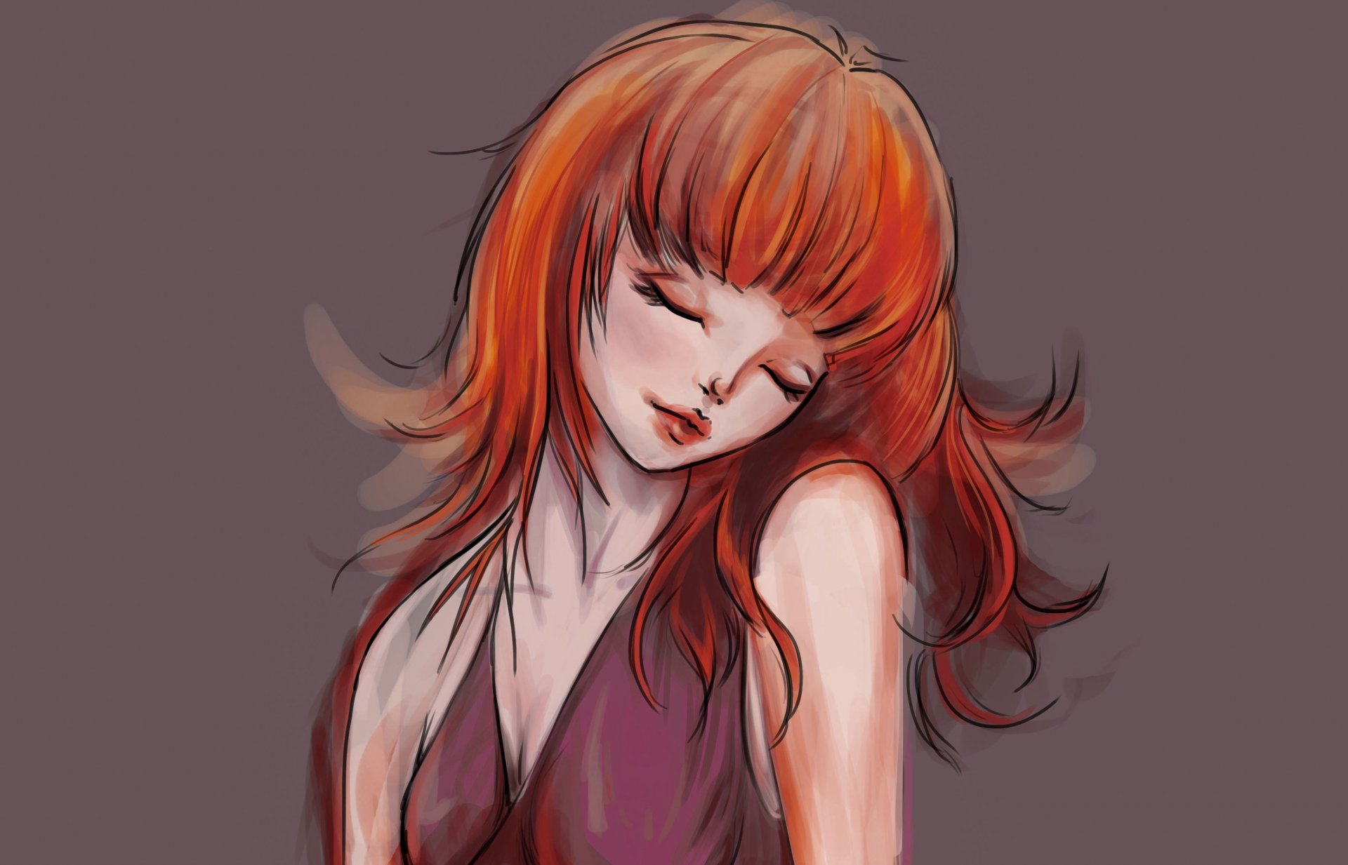 pittura arte ragazza capelli rossa occhi chiusi viso braccia spalle vestito sfondo