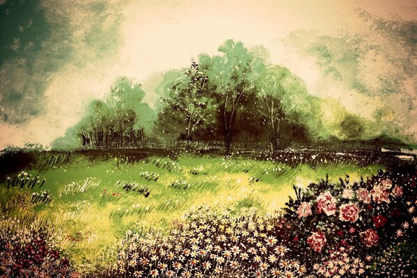 Disegno artistico di alberi nel vento