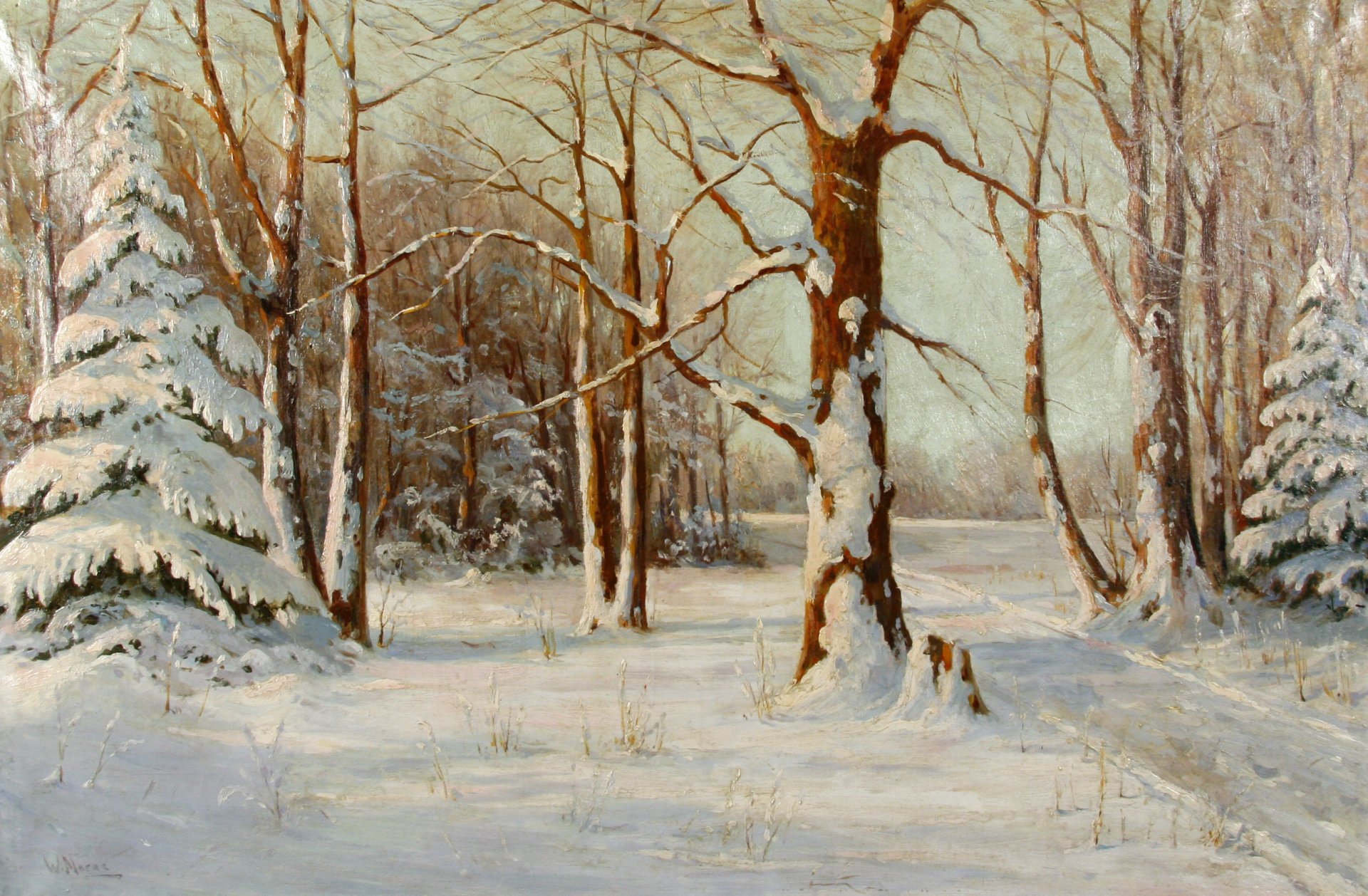 pittura paesaggio walter moras inverno neve foresta alberi alberi di natale