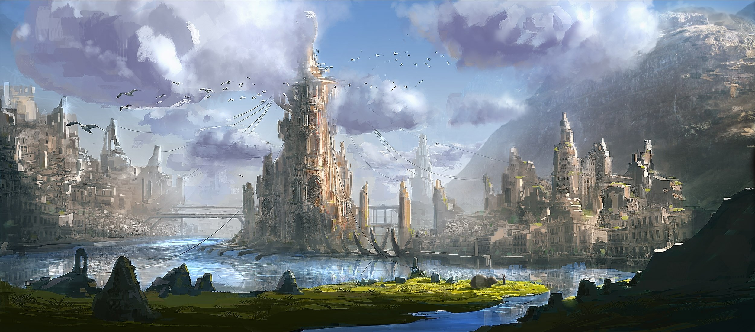 arte città mondo fantastico acqua montagne ponte torre