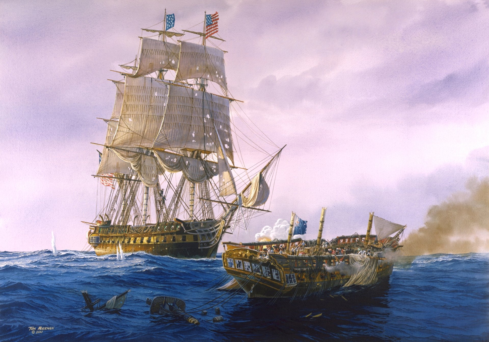 arte battaglia navale navi barche a vela mare onde cielo nuvole pittura artista tom freeman