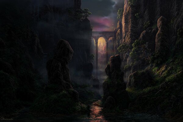 Arte scura delle rocce e del ponte