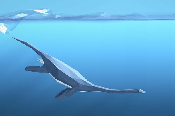 Immagine geometrica di un dinosauro galleggiante. Figura. Sfondo blu
