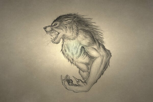 Disegno di un lupo mannaro ringhiante con grandi zanne e artigli