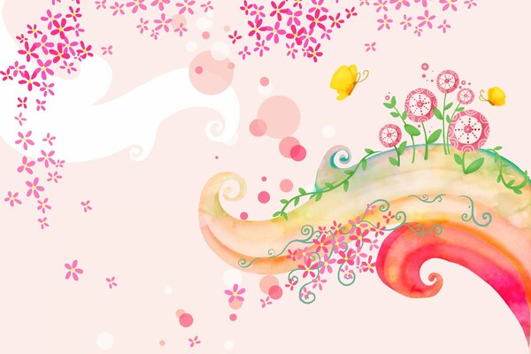 Carta da parati rosa con turbinii di farfalle e fiori