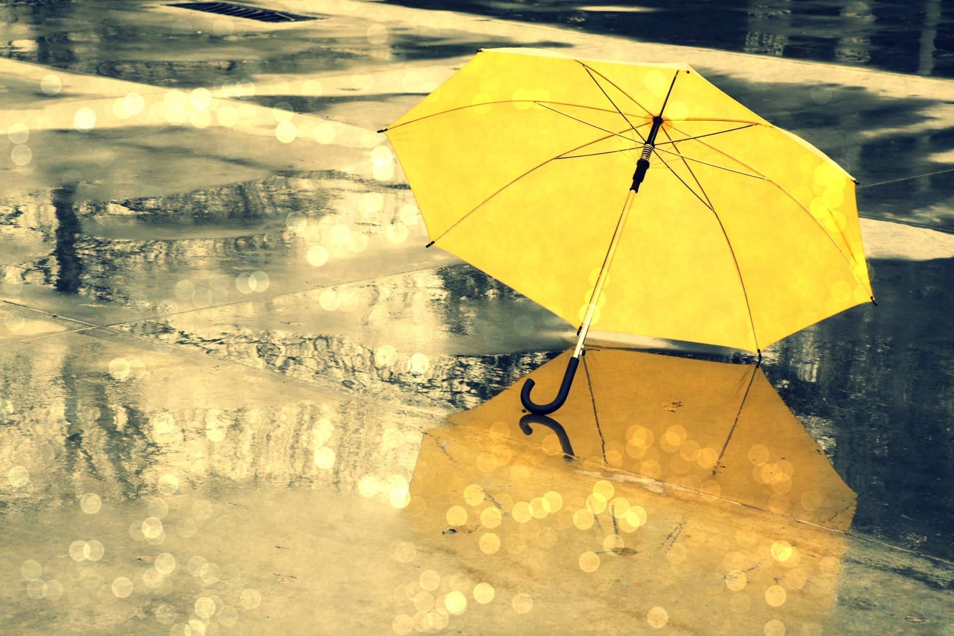 varie ombrello ombrello giallo pioggia acqua gocce bagnato riflessione abbagliamento sfondo widescreen schermo intero widescreen carta da parati